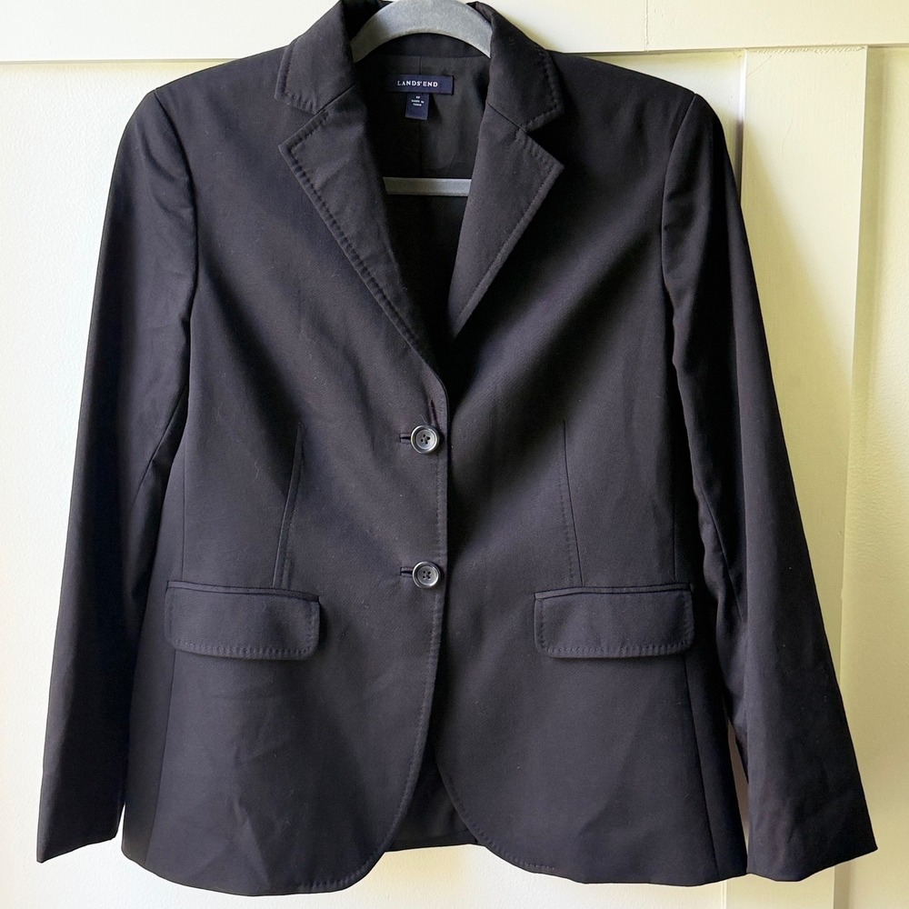 Lands' End Blazer Black Wool Blend Two-Button Tailored Suit Jacket Size 8 Petite